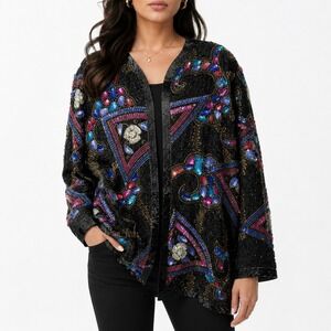 NWT Vintage 1980s Jasmine By K.V.M. 100% Pure Silk Jacket Women's Medium Black